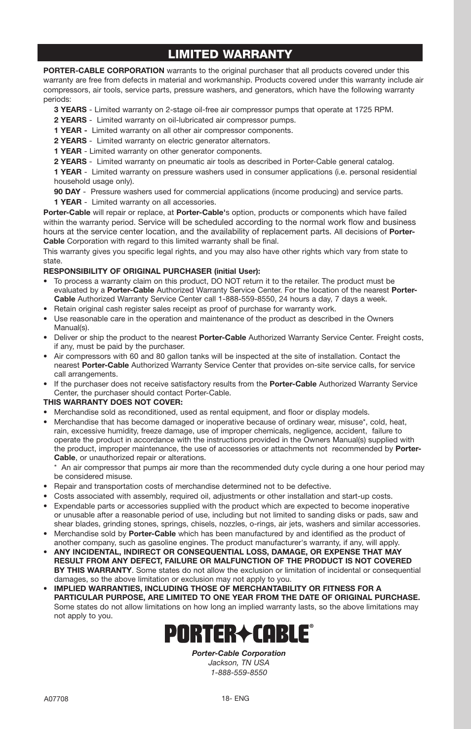 Limited warranty | Porter-Cable A07708-0412-0 User Manual | Page 18 / 18