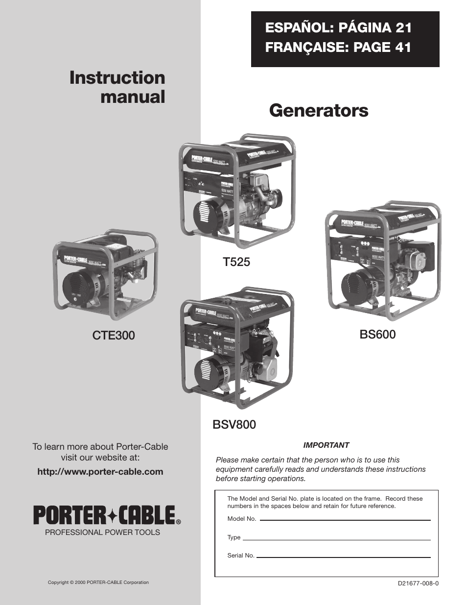 Porter-Cable BS600 User Manual | 20 pages