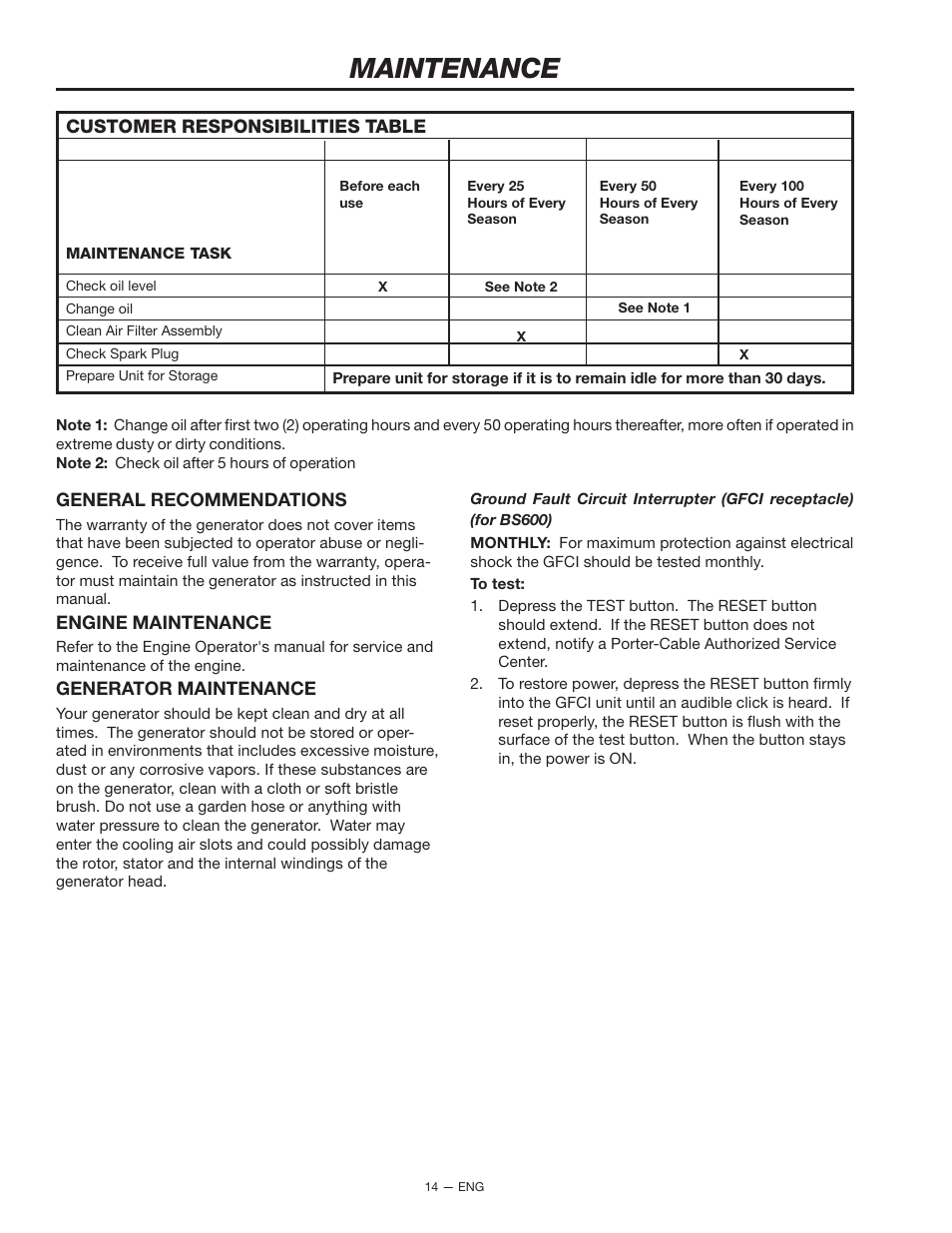 Maintenance | Porter-Cable BS600 User Manual | Page 14 / 20