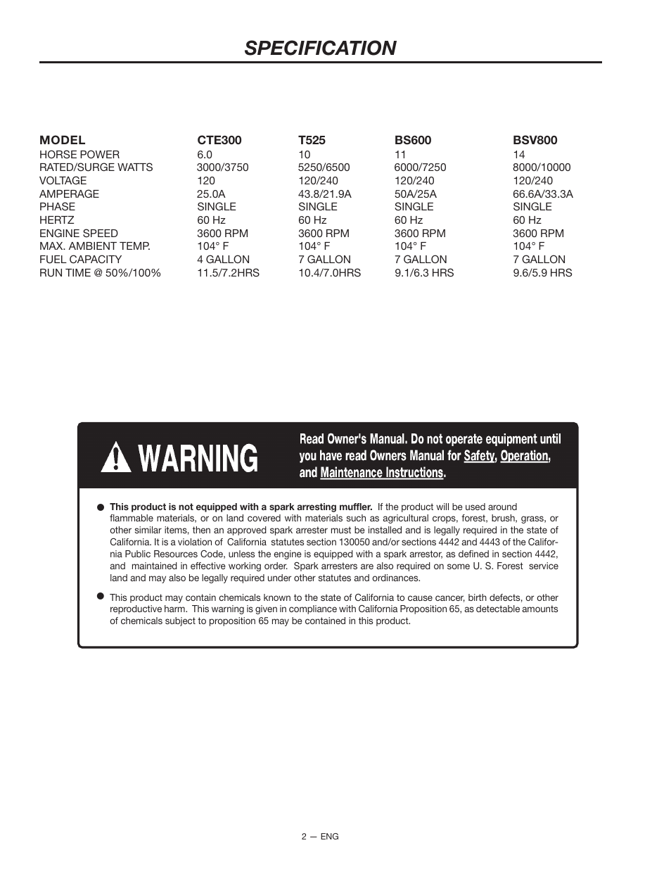 Specification | Porter-Cable BS600 User Manual | Page 2 / 20