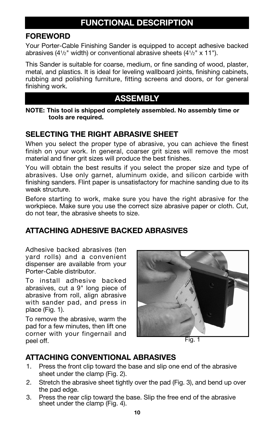 Functional description assembly, Foreword, Selecting the right abrasive sheet | Attaching adhesive backed abrasives, Attaching conventional abrasives | Porter-Cable MODEL 505 User Manual | Page 10 / 15