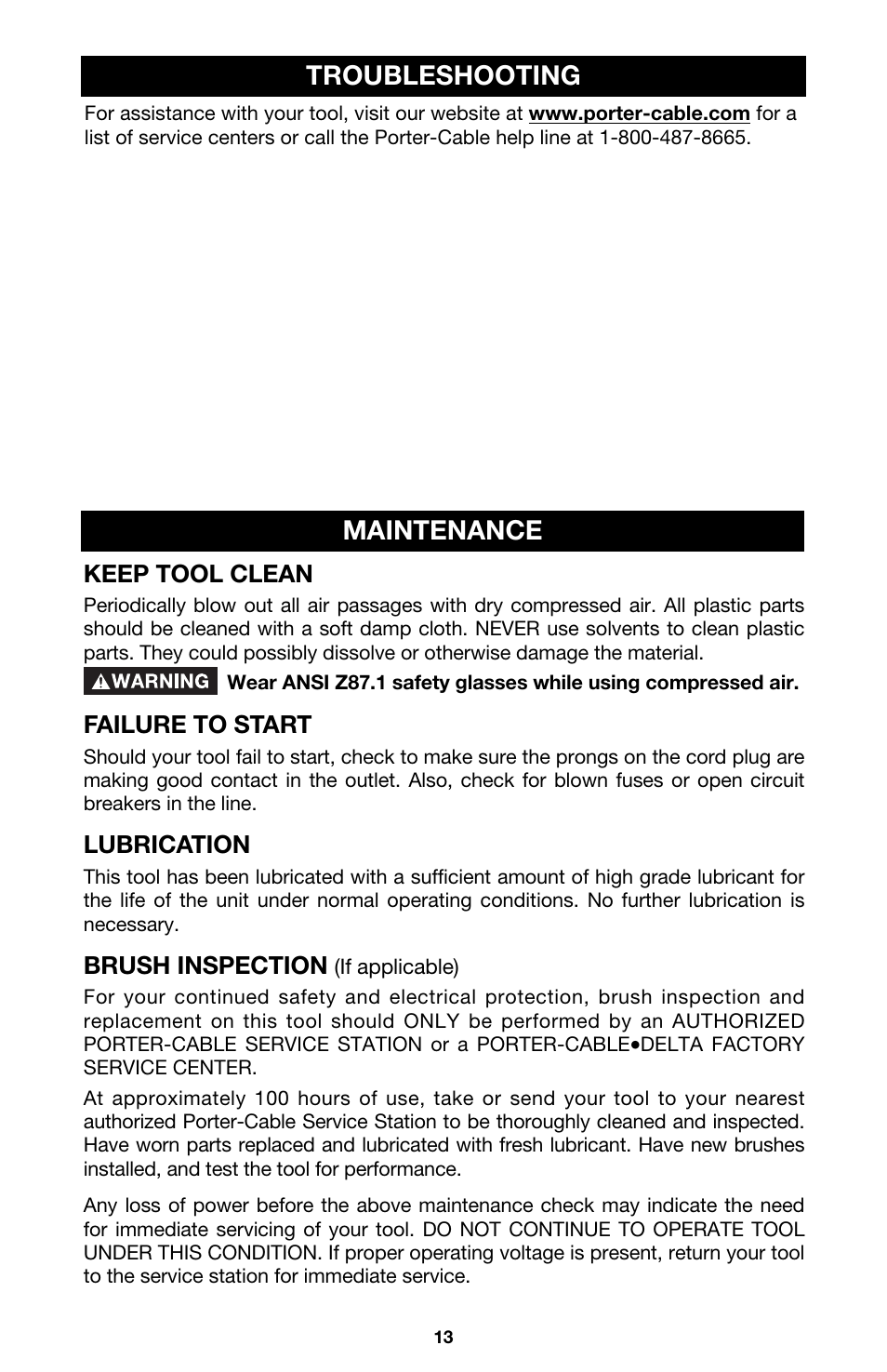 Troubleshooting, Maintenance | Porter-Cable MODEL 505 User Manual | Page 13 / 15
