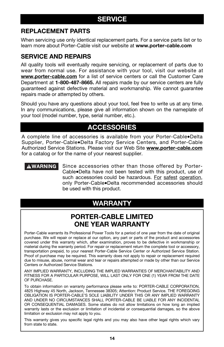 Porter-cable limited one year warranty, Warranty, Service accessories | Replacement parts, Service and repairs | Porter-Cable MODEL 505 User Manual | Page 14 / 15
