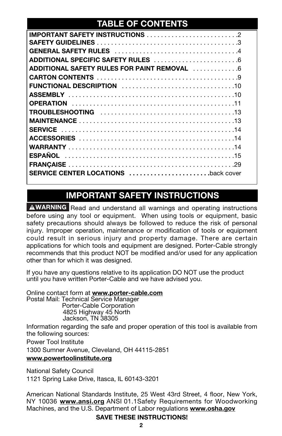 Table of contents important safety instructions | Porter-Cable MODEL 505 User Manual | Page 2 / 15