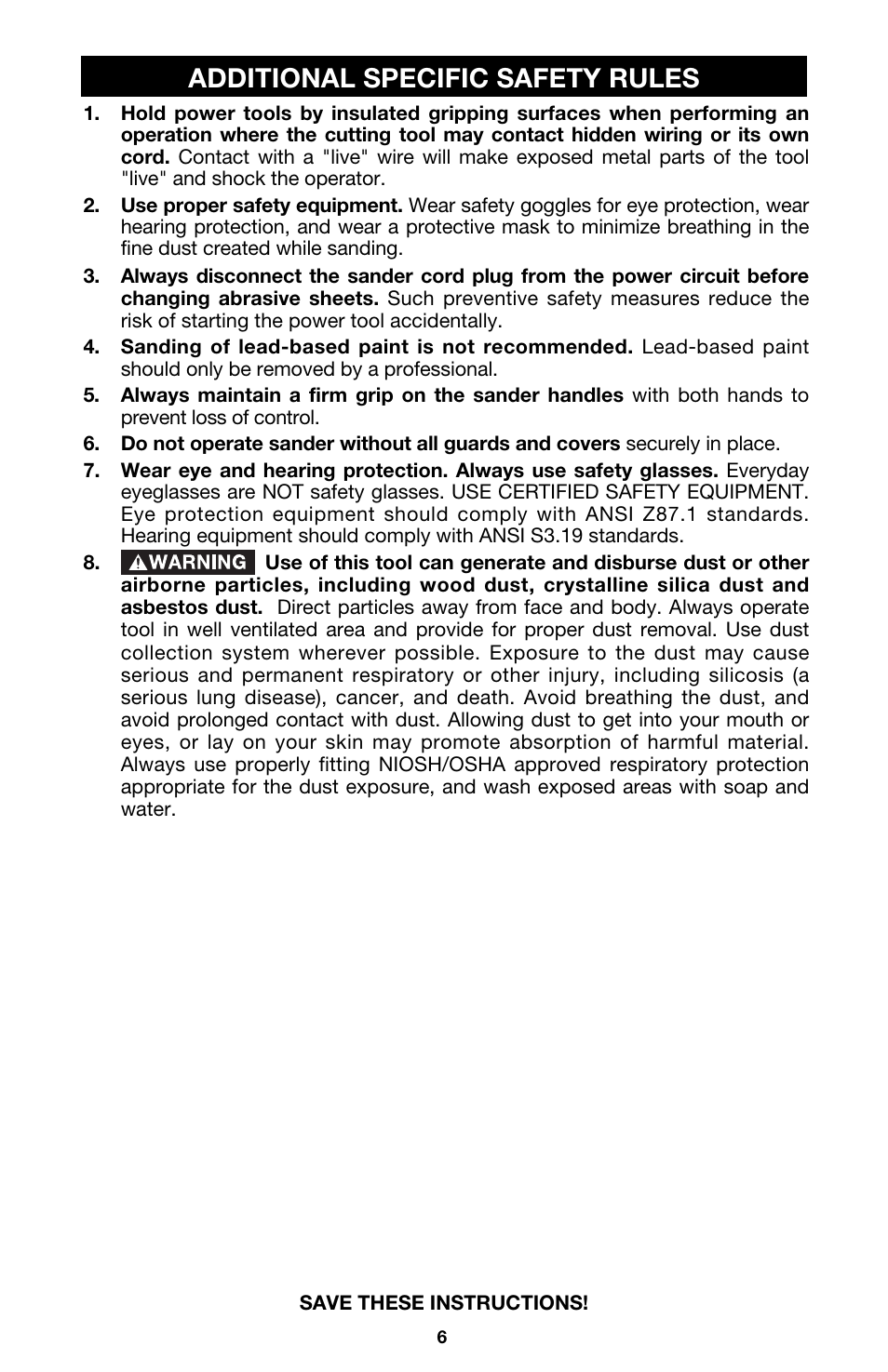 Additional specific safety rules | Porter-Cable MODEL 505 User Manual | Page 6 / 15