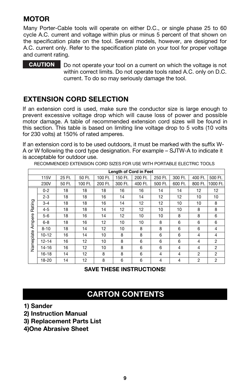 Carton contents, Extension cord selection motor, Save these instructions | Porter-Cable MODEL 505 User Manual | Page 9 / 15