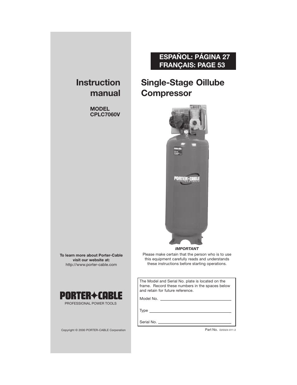 Porter-Cable CPLC7060V User Manual | 26 pages