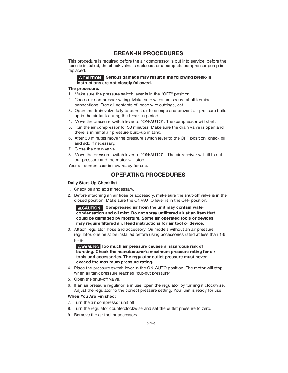 Break-in procedures, Operating procedures | Porter-Cable CPLC7060V User Manual | Page 13 / 26