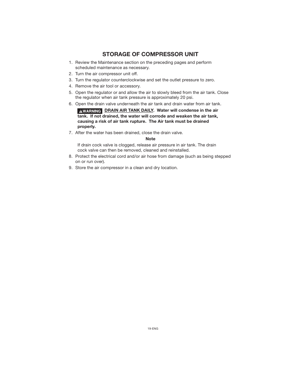 Storage of compressor unit | Porter-Cable CPLC7060V User Manual | Page 19 / 26