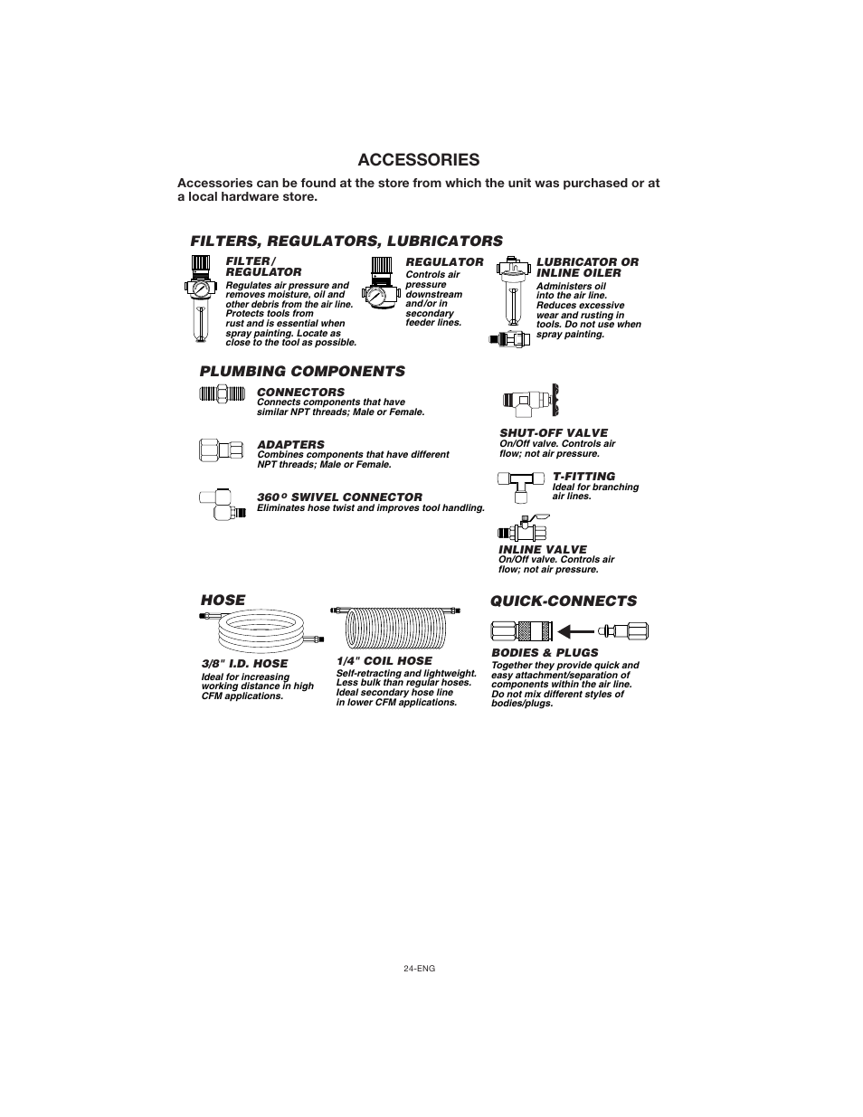 Accessories, Plumbing components, Quick-connects | Hose, Filters, regulators, lubricators | Porter-Cable CPLC7060V User Manual | Page 24 / 26
