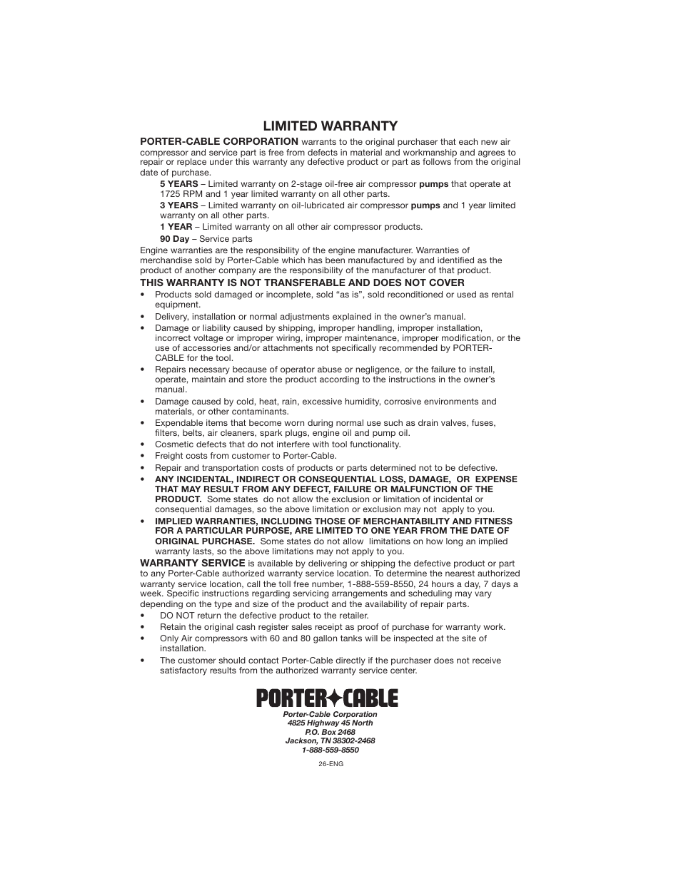 Limited warranty | Porter-Cable CPLC7060V User Manual | Page 26 / 26