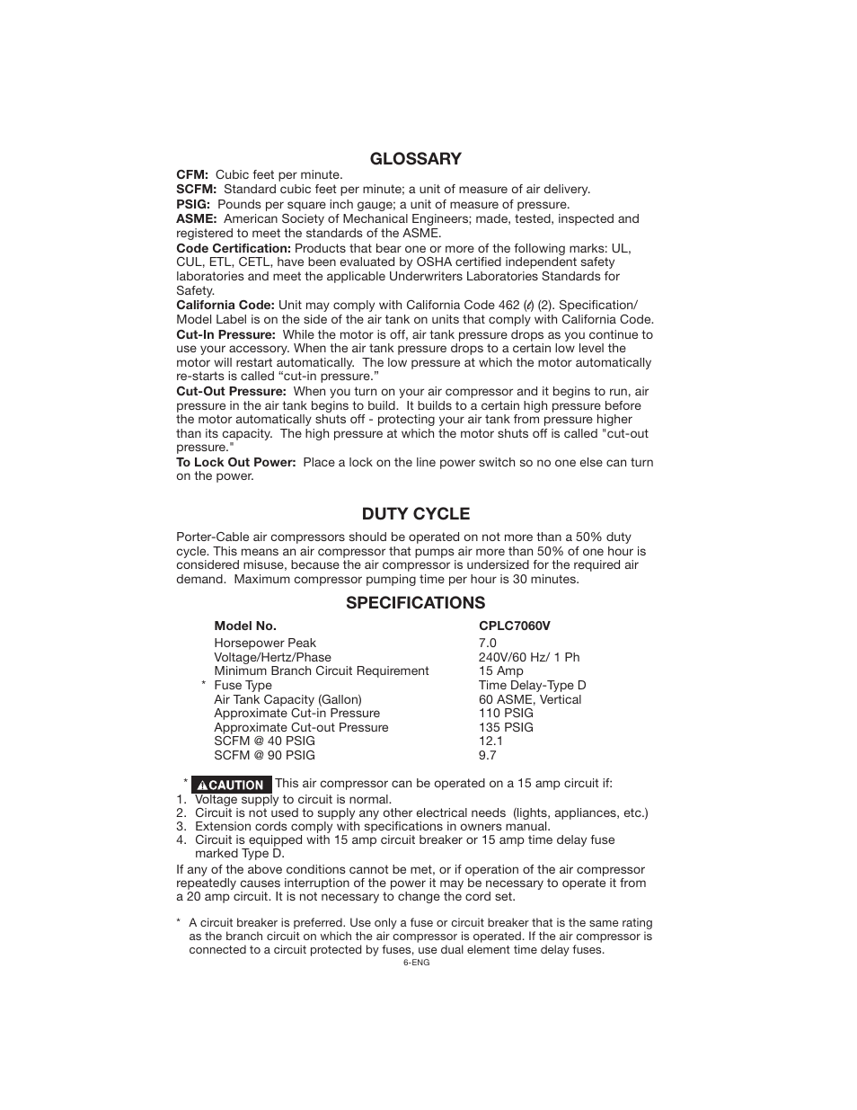 Glossary duty cycle, Specifications | Porter-Cable CPLC7060V User Manual | Page 6 / 26