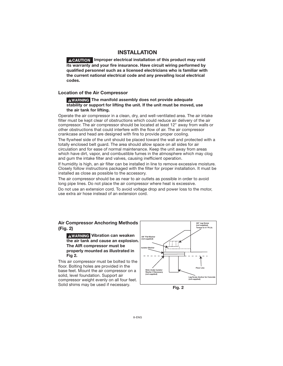 Installation, Location of the air compressor, Air compressor anchoring methods (fig. 2) | Porter-Cable CPLC7060V User Manual | Page 8 / 26