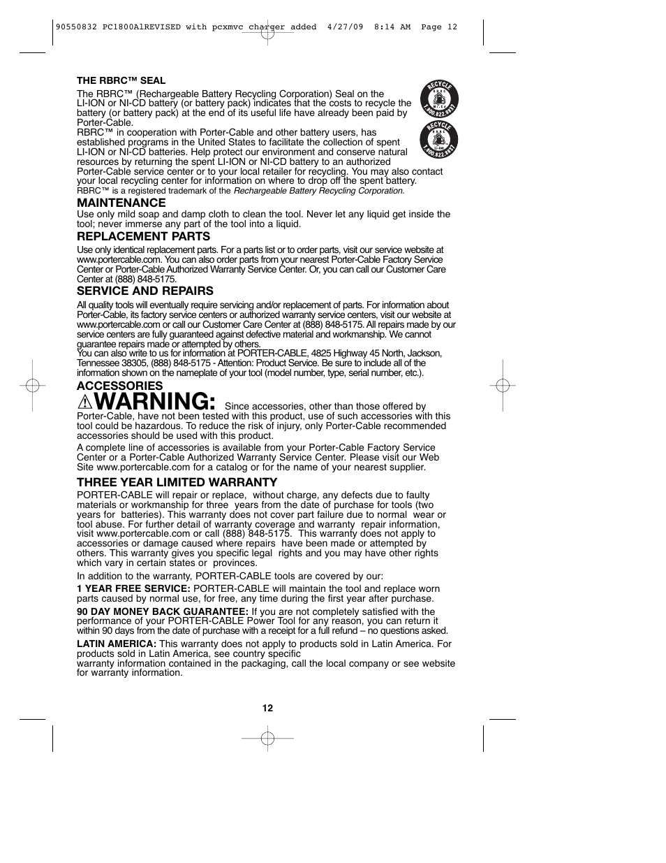 Warning | Porter-Cable 90550832 User Manual | Page 12 / 44