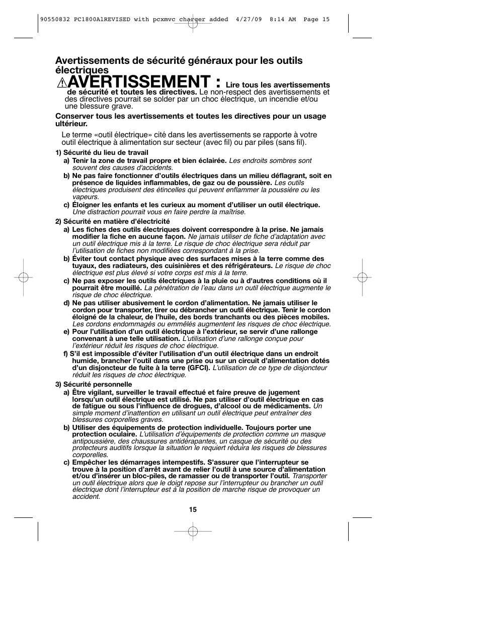 Avertissement | Porter-Cable 90550832 User Manual | Page 15 / 44