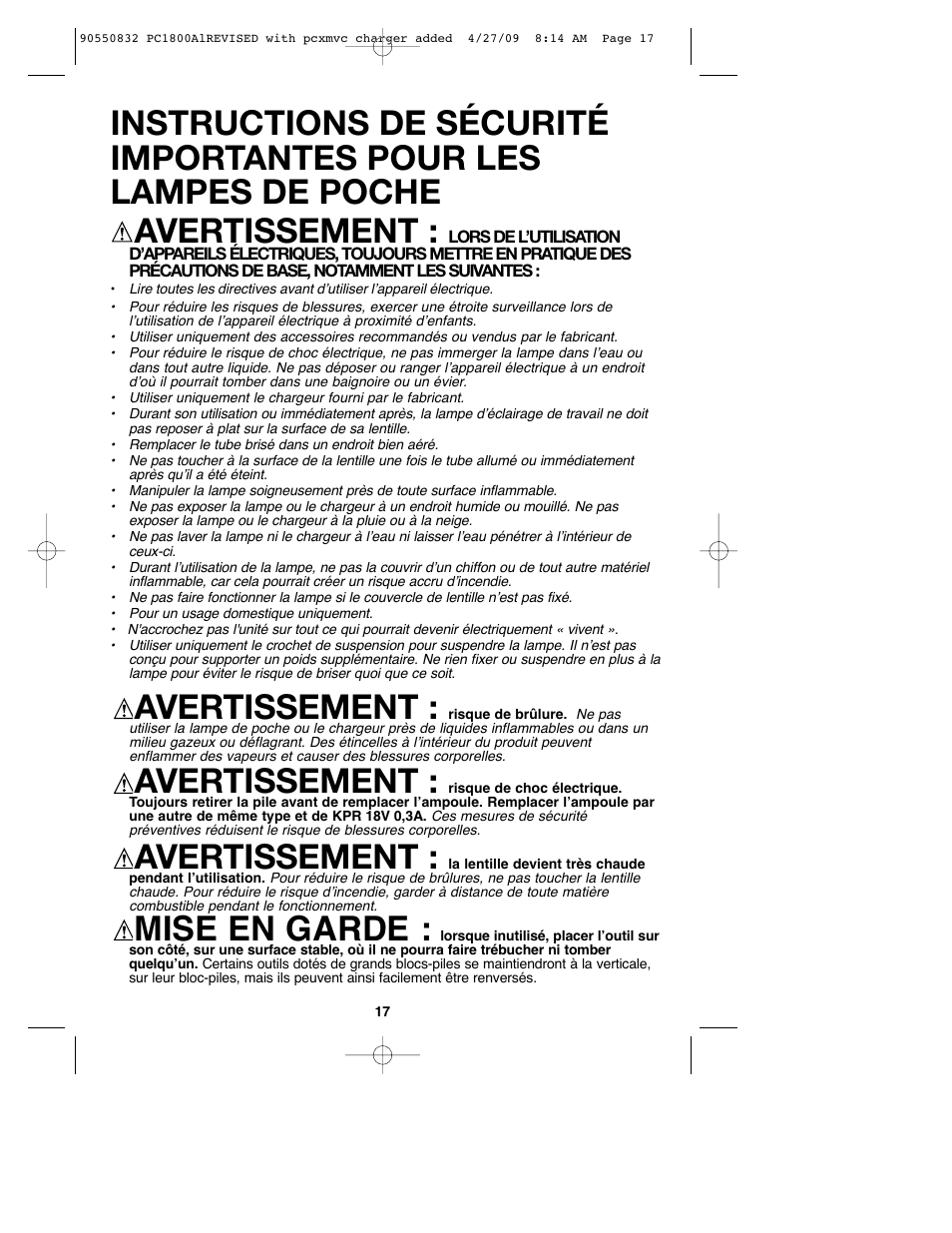 Avertissement, Mise en garde | Porter-Cable 90550832 User Manual | Page 17 / 44