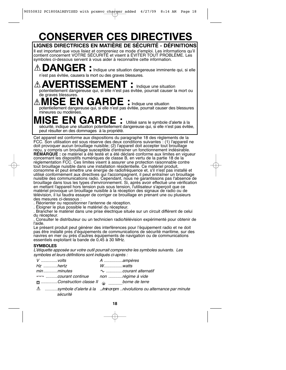 Conserver ces directives, Danger, Avertissement | Mise en garde | Porter-Cable 90550832 User Manual | Page 18 / 44