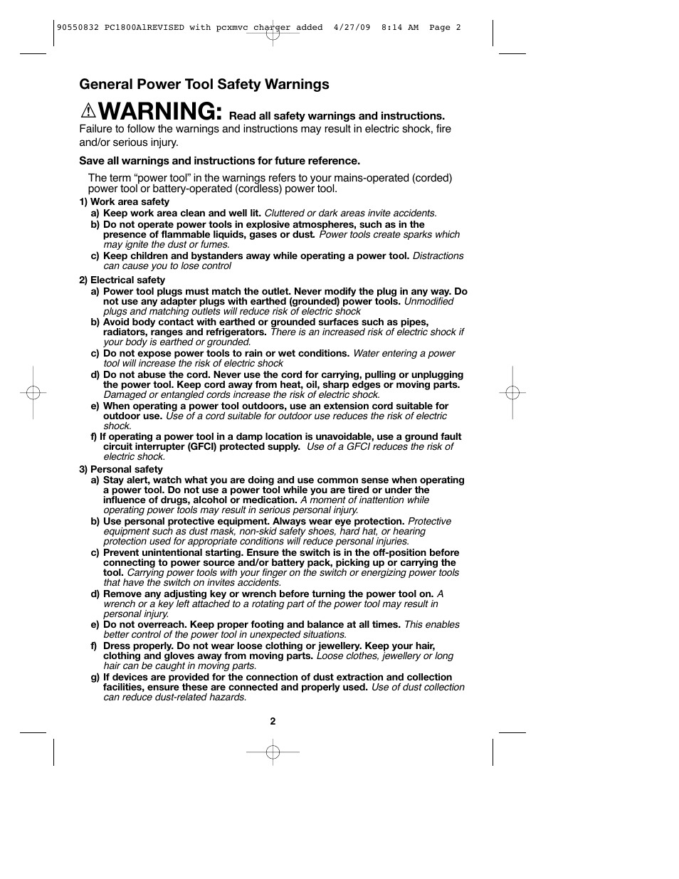 Warning, General power tool safety warnings | Porter-Cable 90550832 User Manual | Page 2 / 44