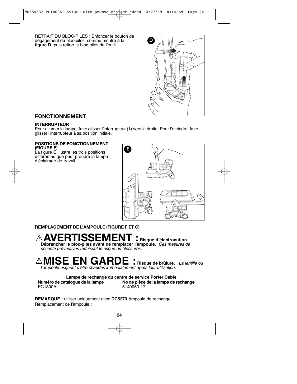 Avertissement, Mise en garde | Porter-Cable 90550832 User Manual | Page 24 / 44