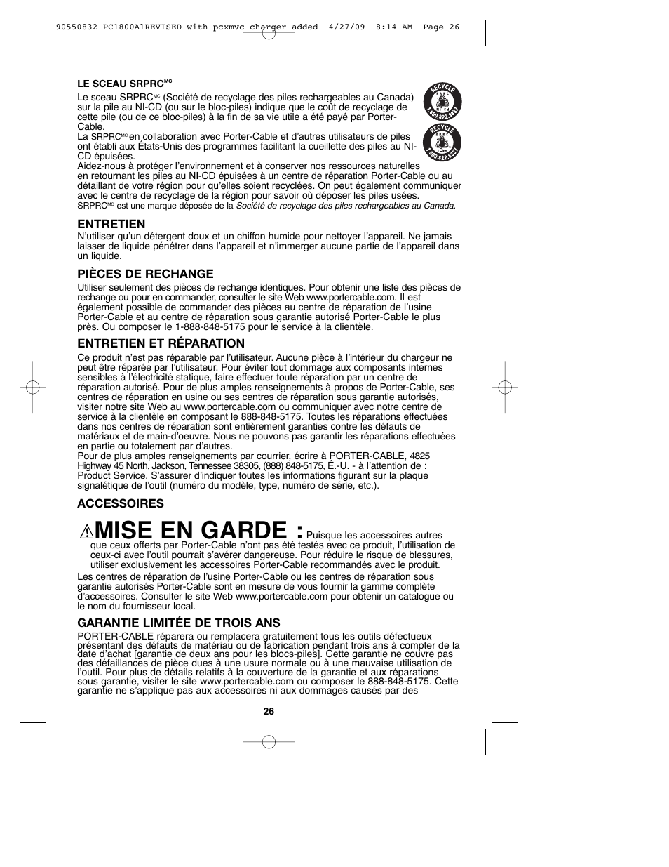 Mise en garde | Porter-Cable 90550832 User Manual | Page 26 / 44