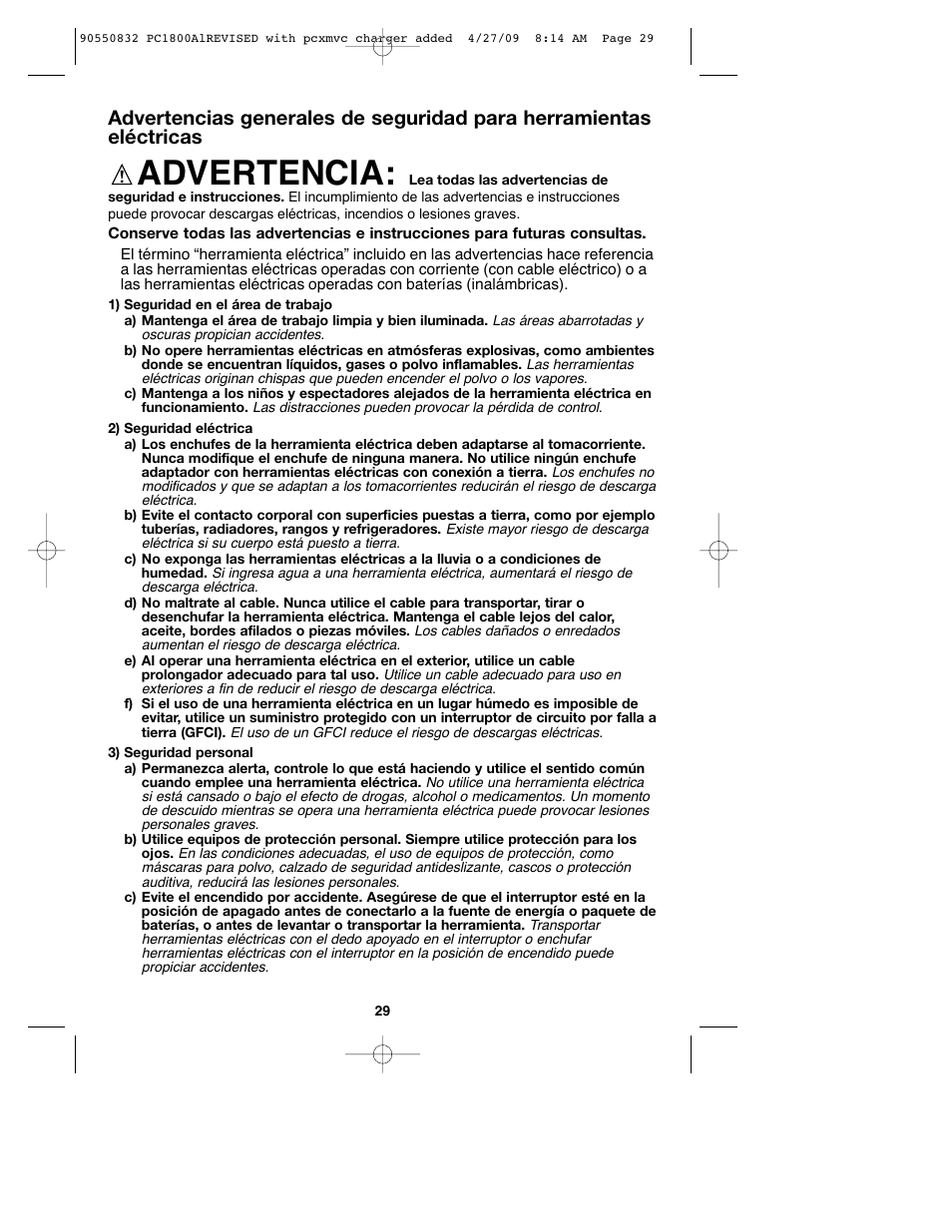 Advertencia | Porter-Cable 90550832 User Manual | Page 29 / 44