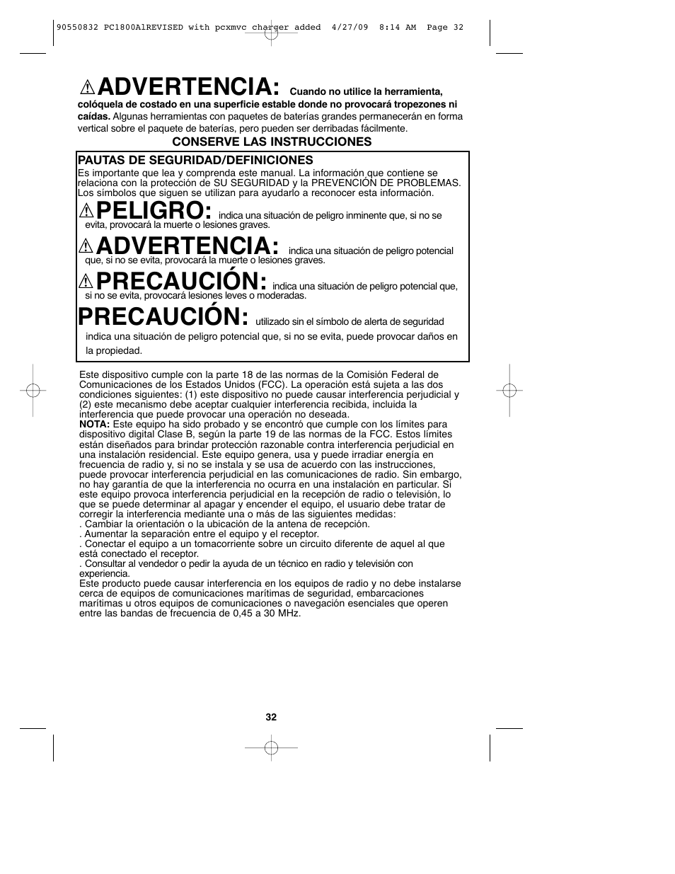 Advertencia, Peligro, Precaución | Porter-Cable 90550832 User Manual | Page 32 / 44