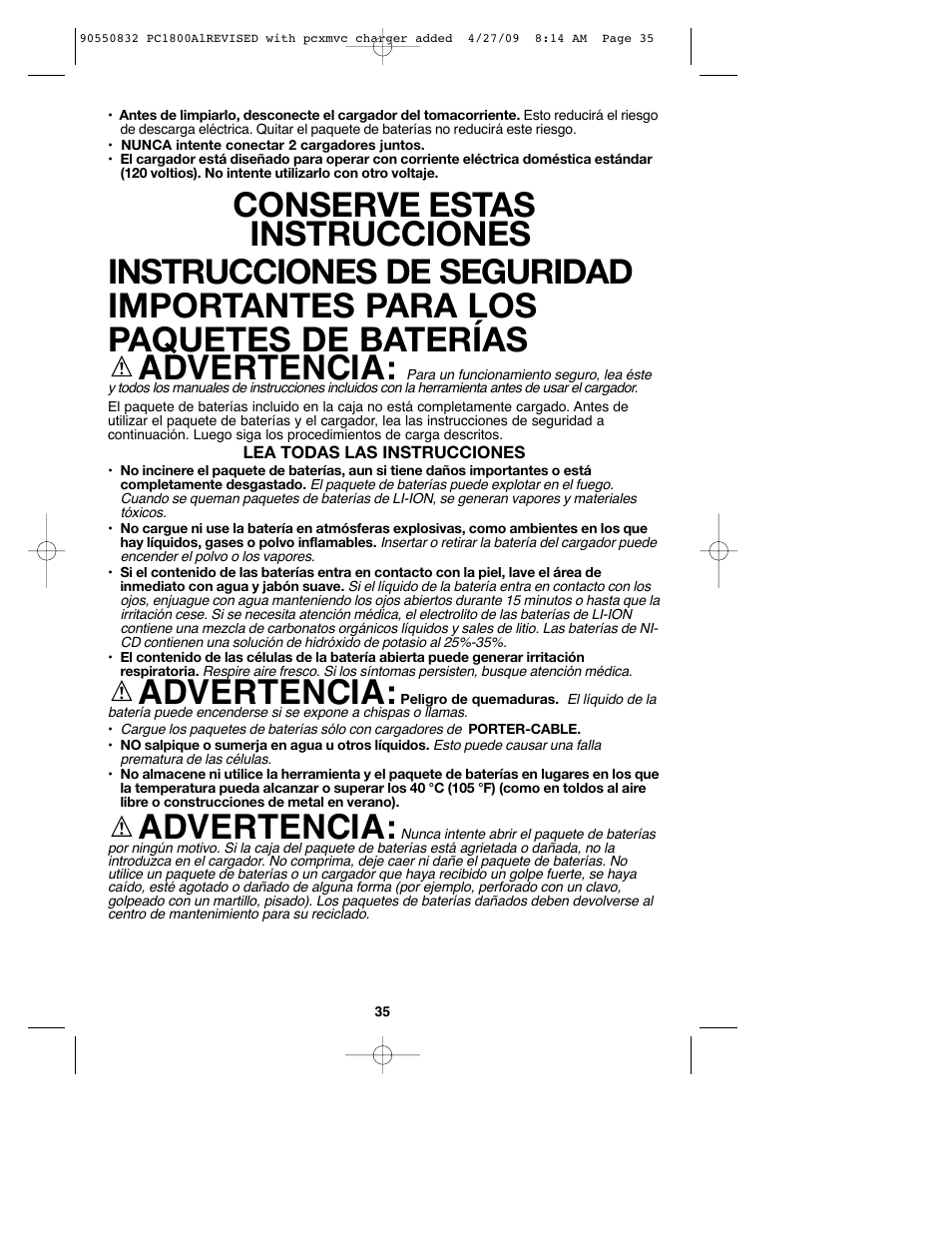 Advertencia | Porter-Cable 90550832 User Manual | Page 35 / 44