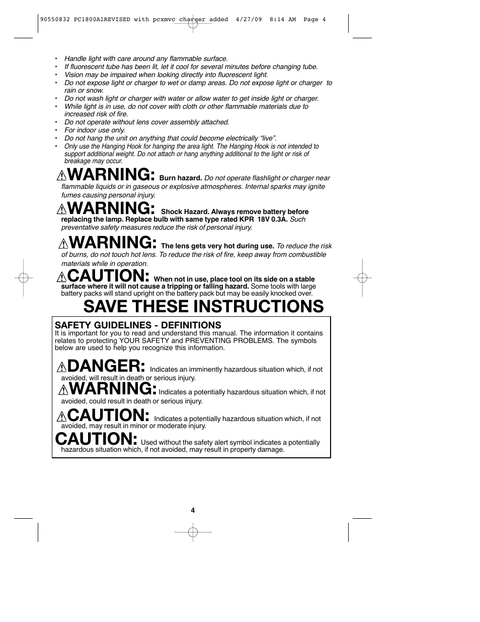 Warning, Caution, Save these instructions | Danger | Porter-Cable 90550832 User Manual | Page 4 / 44