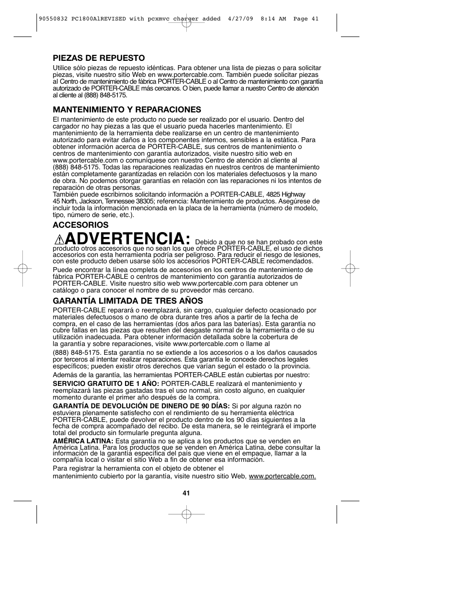 Advertencia | Porter-Cable 90550832 User Manual | Page 41 / 44