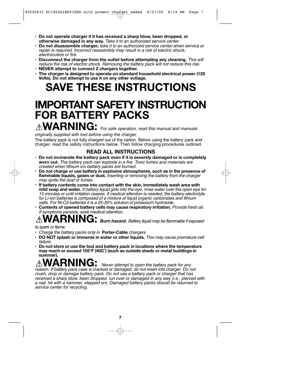 Warning | Porter-Cable 90550832 User Manual | Page 7 / 44