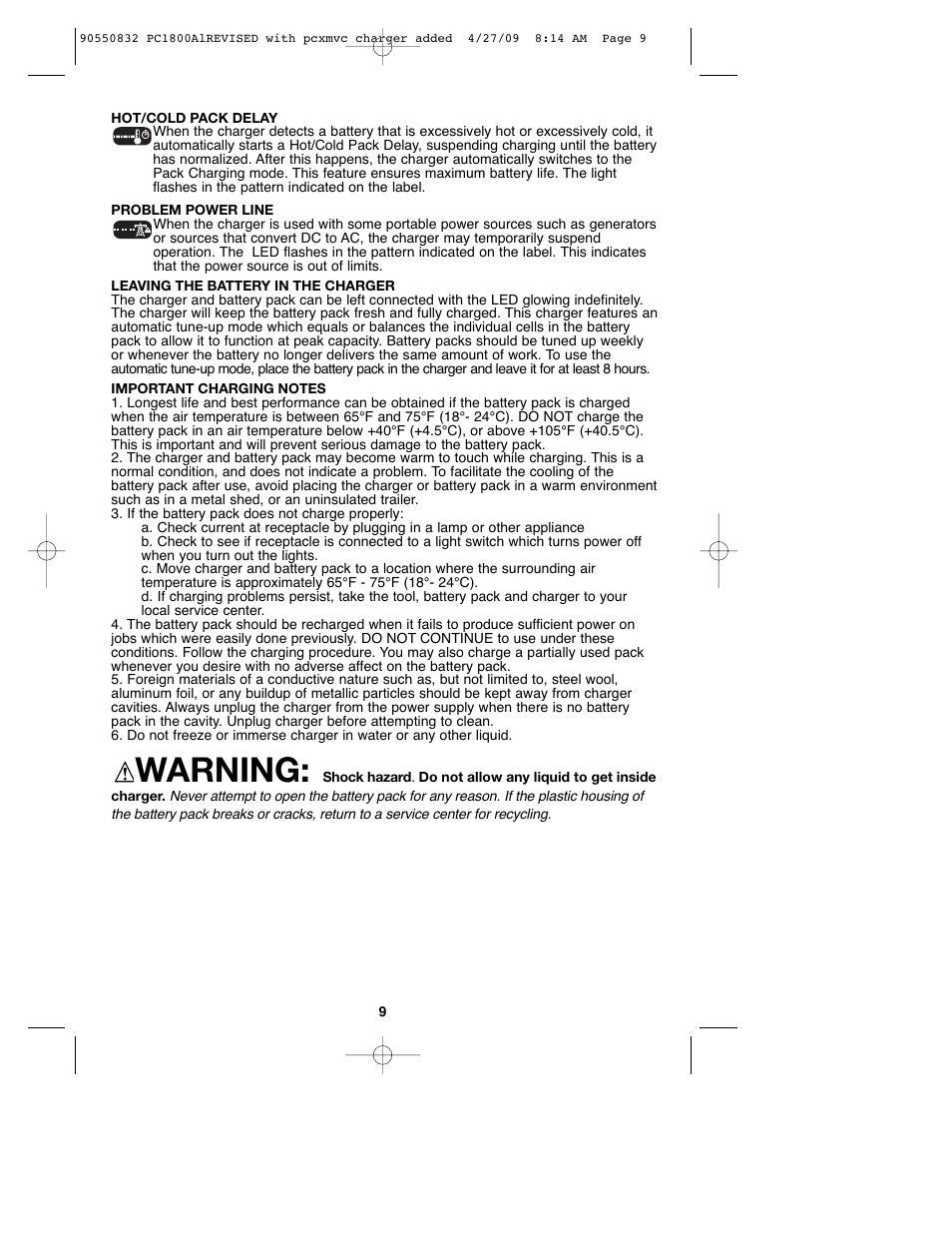 Warning | Porter-Cable 90550832 User Manual | Page 9 / 44