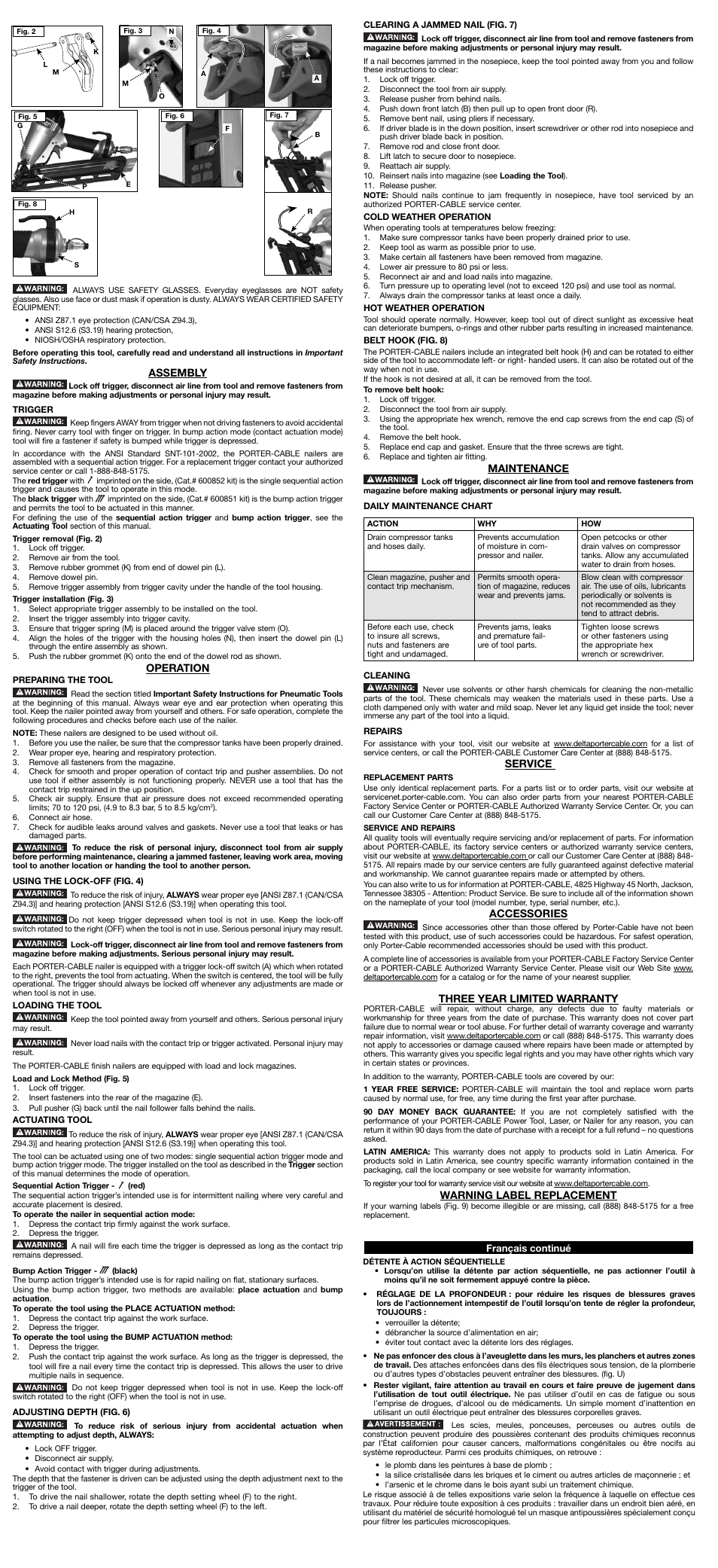Maintenance, Service, Accessories | Three year limited warranty, Warning label replacement, Assembly, Operation | Porter-Cable DA250C User Manual | Page 3 / 7