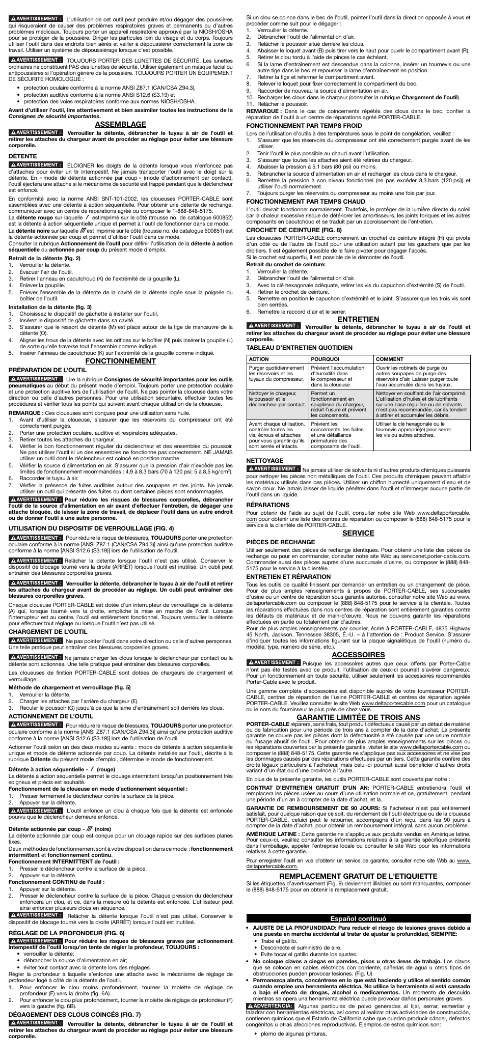 Entretien, Service, Accessoires | Garantie limitée de trois ans, Remplacement gratuit de l'etiquiette, Assemblage, Fonctionnement | Porter-Cable DA250C User Manual | Page 4 / 7