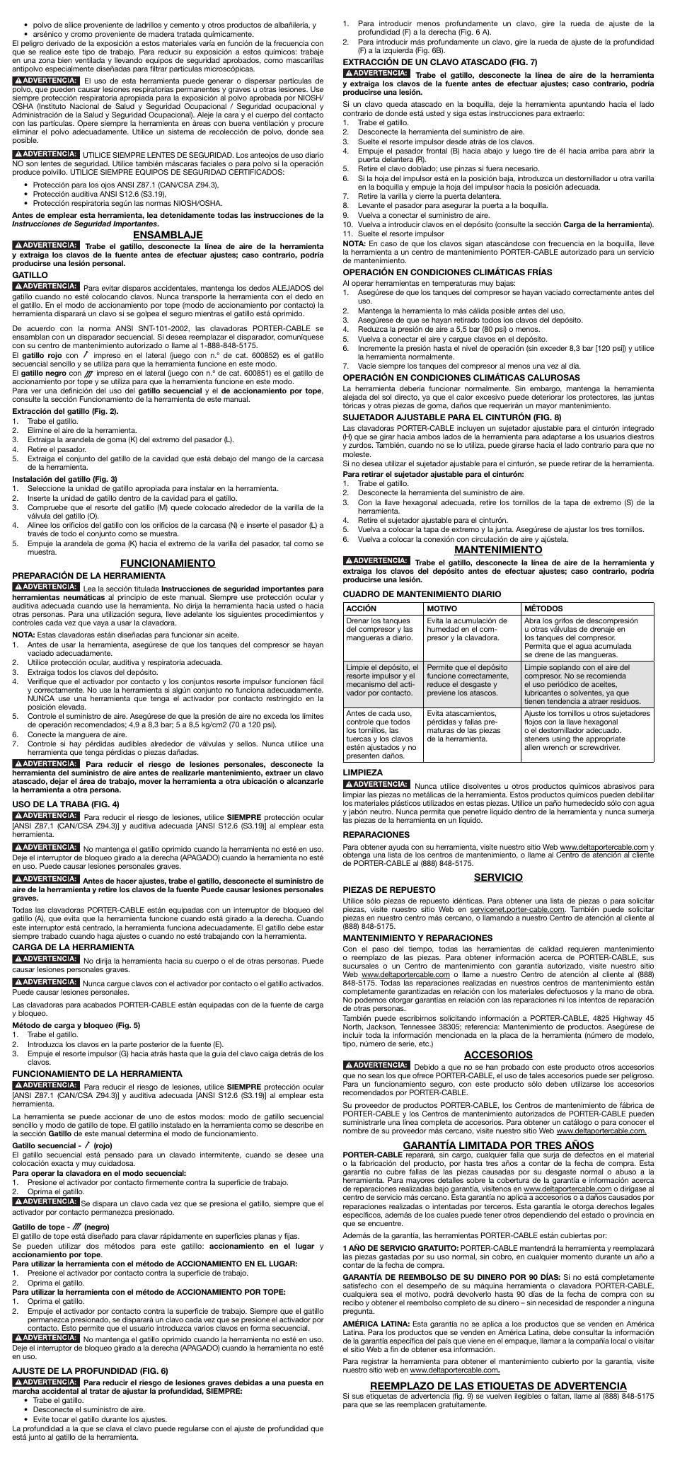 Mantenimiento, Servicio, Accesorios | Garantía limitada por tres años, Reemplazo de las etiquetas de advertencia, Ensamblaje, Funcionamiento | Porter-Cable DA250C User Manual | Page 5 / 7