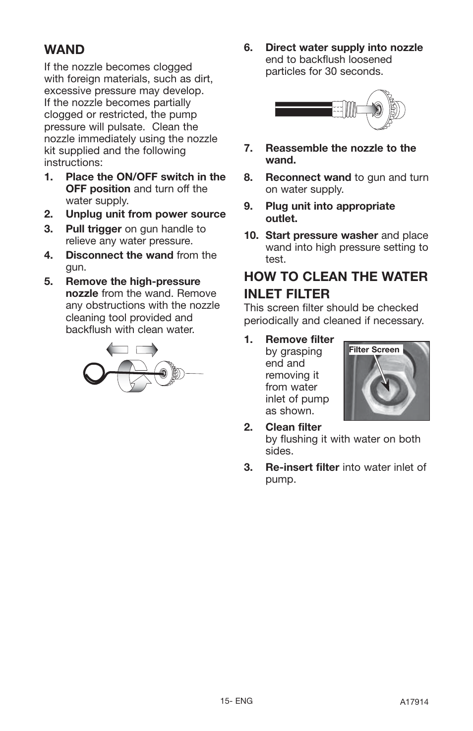 How to clean the water inlet filter, Wand | Porter-Cable A17914-05-10-06 User Manual | Page 15 / 64