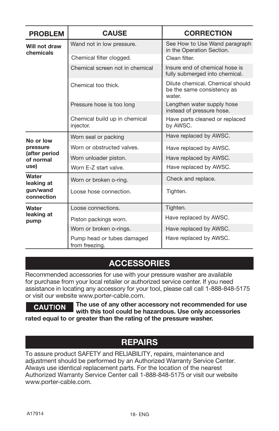 Repairs, Accessories, Problem cause correction | Porter-Cable A17914-05-10-06 User Manual | Page 18 / 64