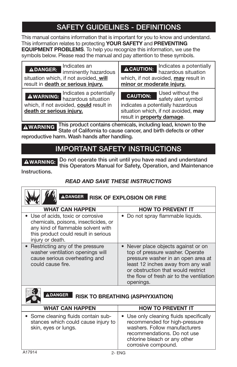 Safety guidelines - definitions, Important safety instructions | Porter-Cable A17914-05-10-06 User Manual | Page 2 / 64