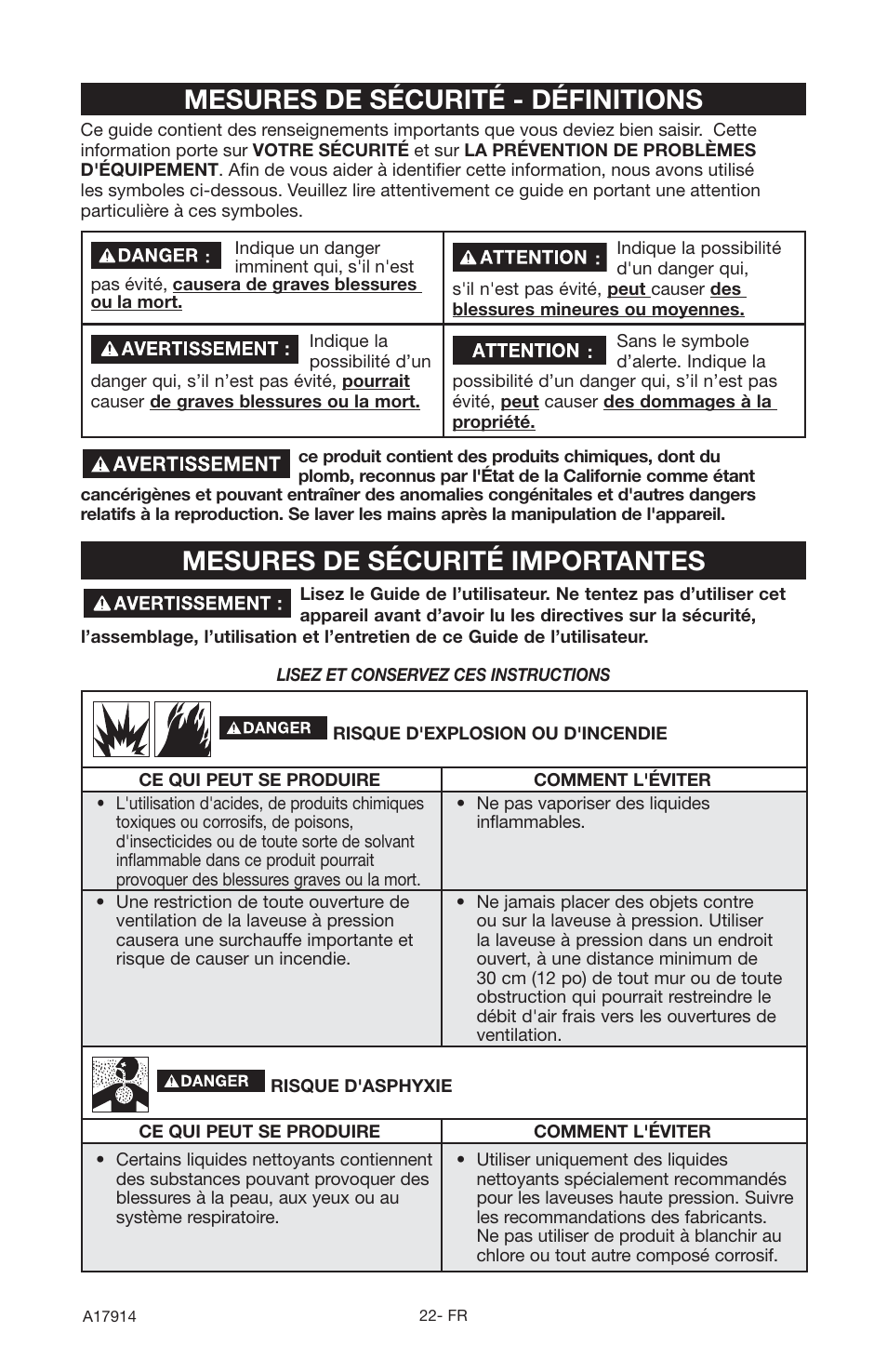 Mesures de sécurité importantes, Mesures de sécurité - définitions | Porter-Cable A17914-05-10-06 User Manual | Page 22 / 64
