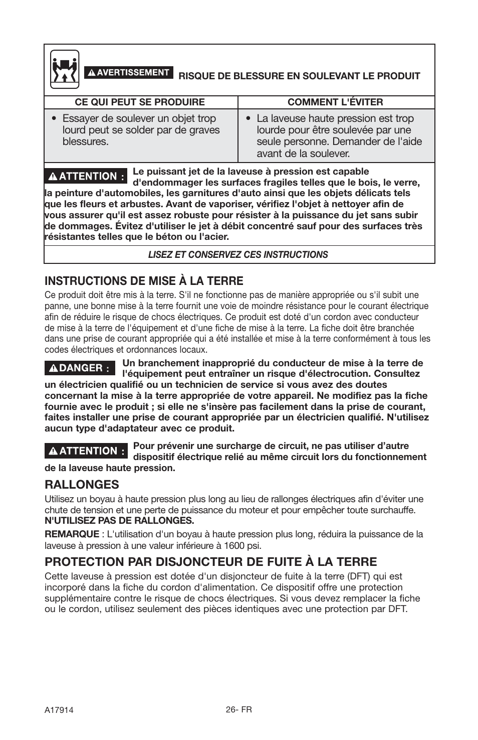 Instructions de mise à la terre, Rallonges, Protection par disjoncteur de fuite à la terre | Porter-Cable A17914-05-10-06 User Manual | Page 26 / 64
