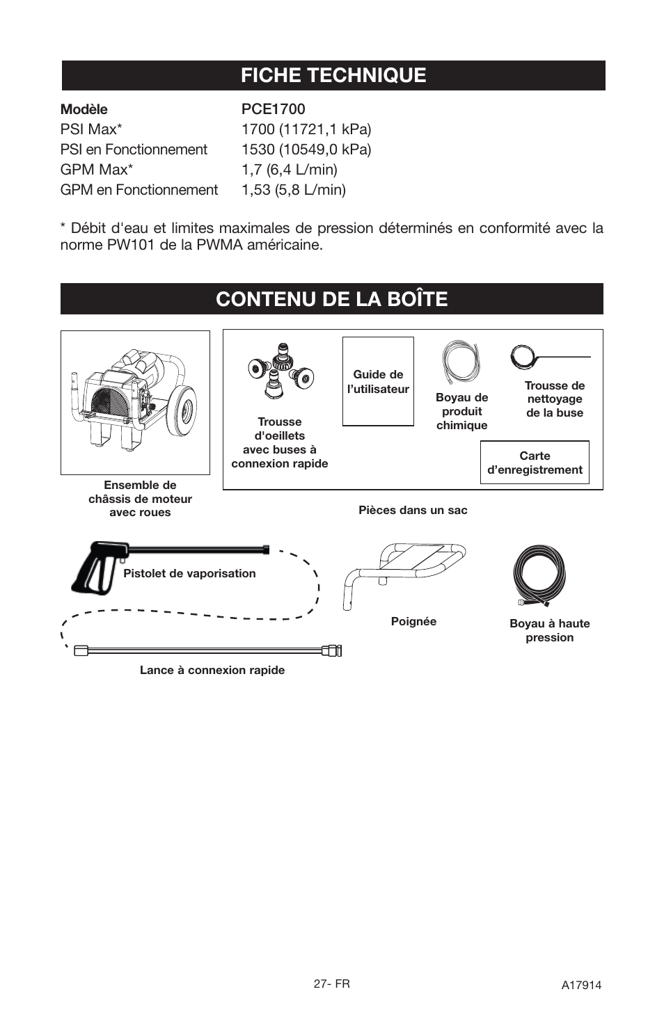 Contenu de la boîte, Fiche technique | Porter-Cable A17914-05-10-06 User Manual | Page 27 / 64