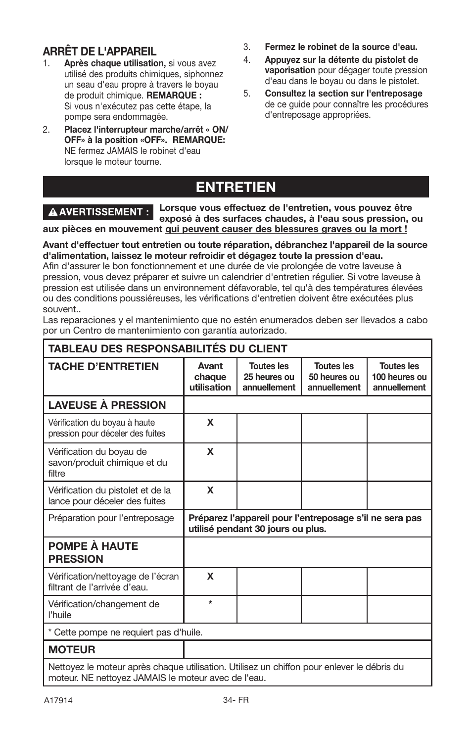 Entretien, Arrêt de l'appareil | Porter-Cable A17914-05-10-06 User Manual | Page 34 / 64