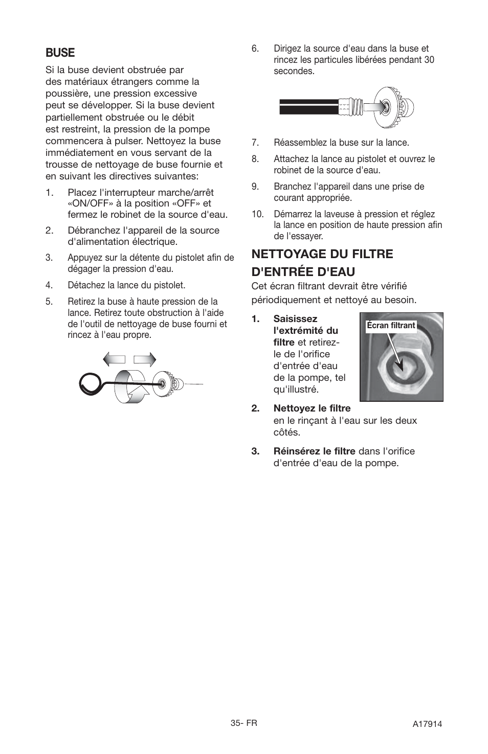 Buse, Nettoyage du filtre d'entrée d'eau | Porter-Cable A17914-05-10-06 User Manual | Page 35 / 64