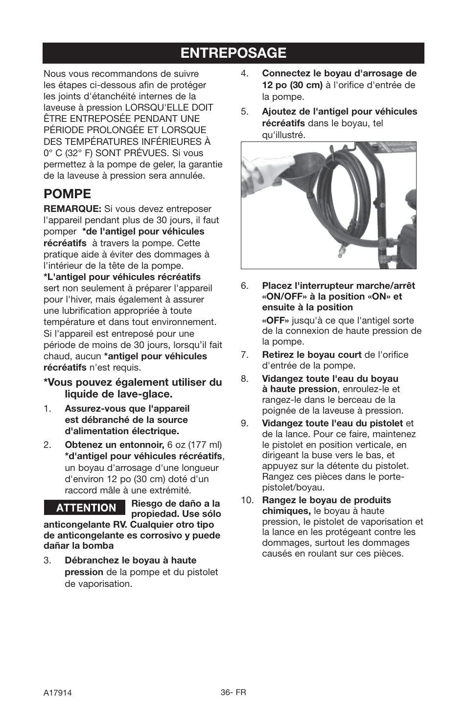 Entreposage, Pompe | Porter-Cable A17914-05-10-06 User Manual | Page 36 / 64