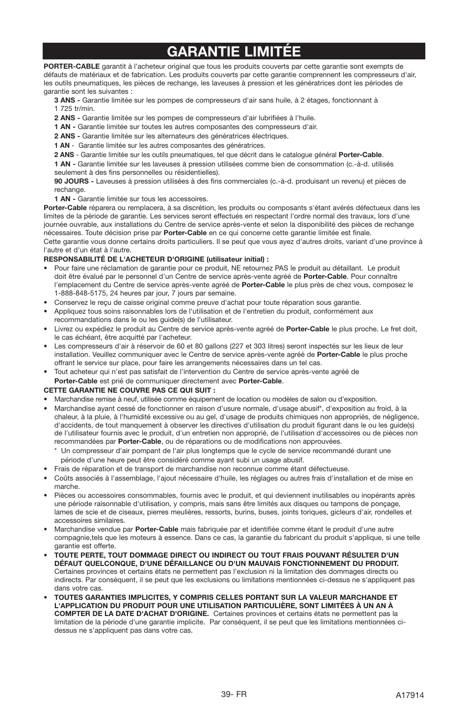 Garantie limitée | Porter-Cable A17914-05-10-06 User Manual | Page 39 / 64