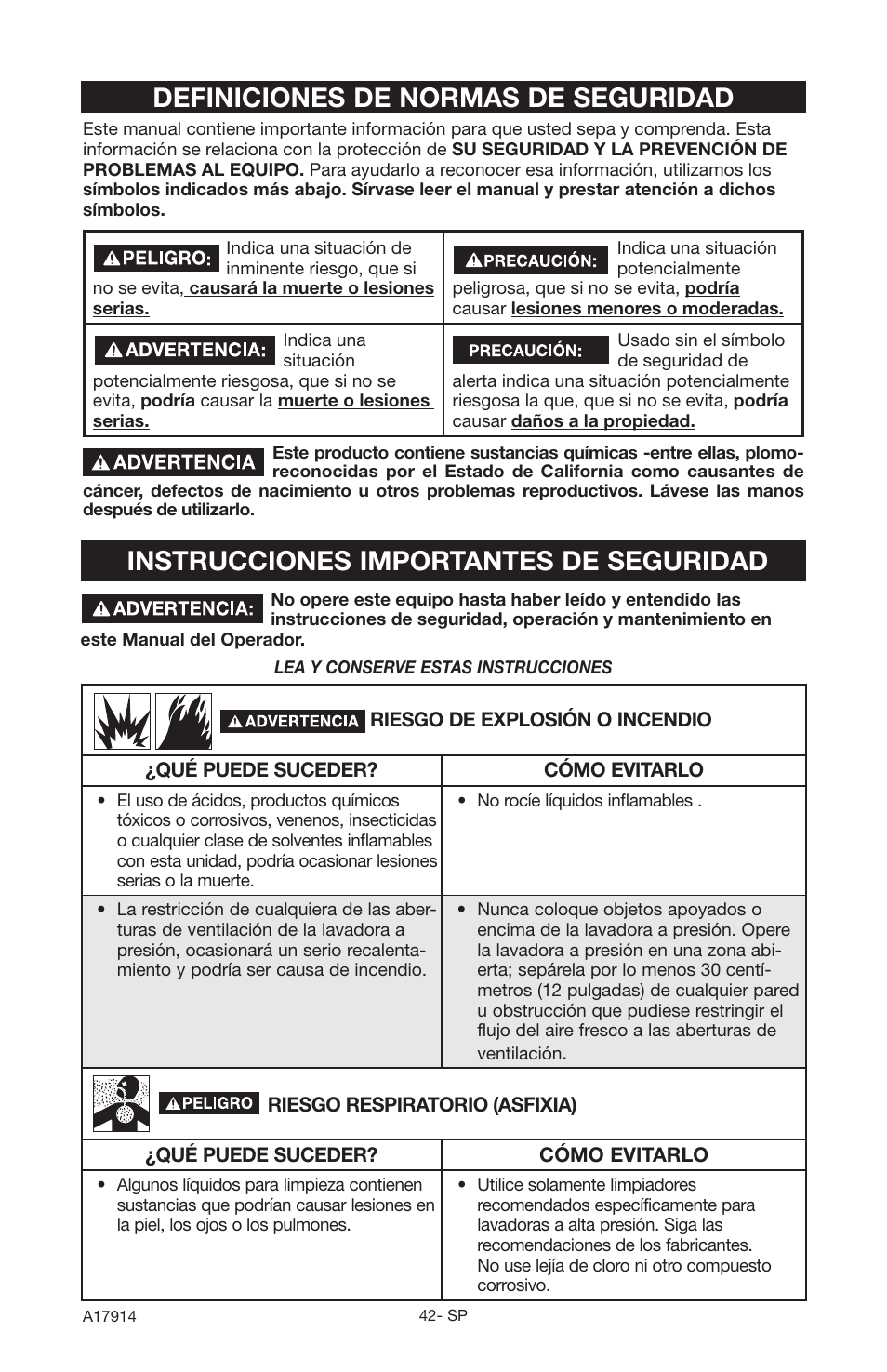 Instrucciones importantes de seguridad, Definiciones de normas de seguridad | Porter-Cable A17914-05-10-06 User Manual | Page 42 / 64