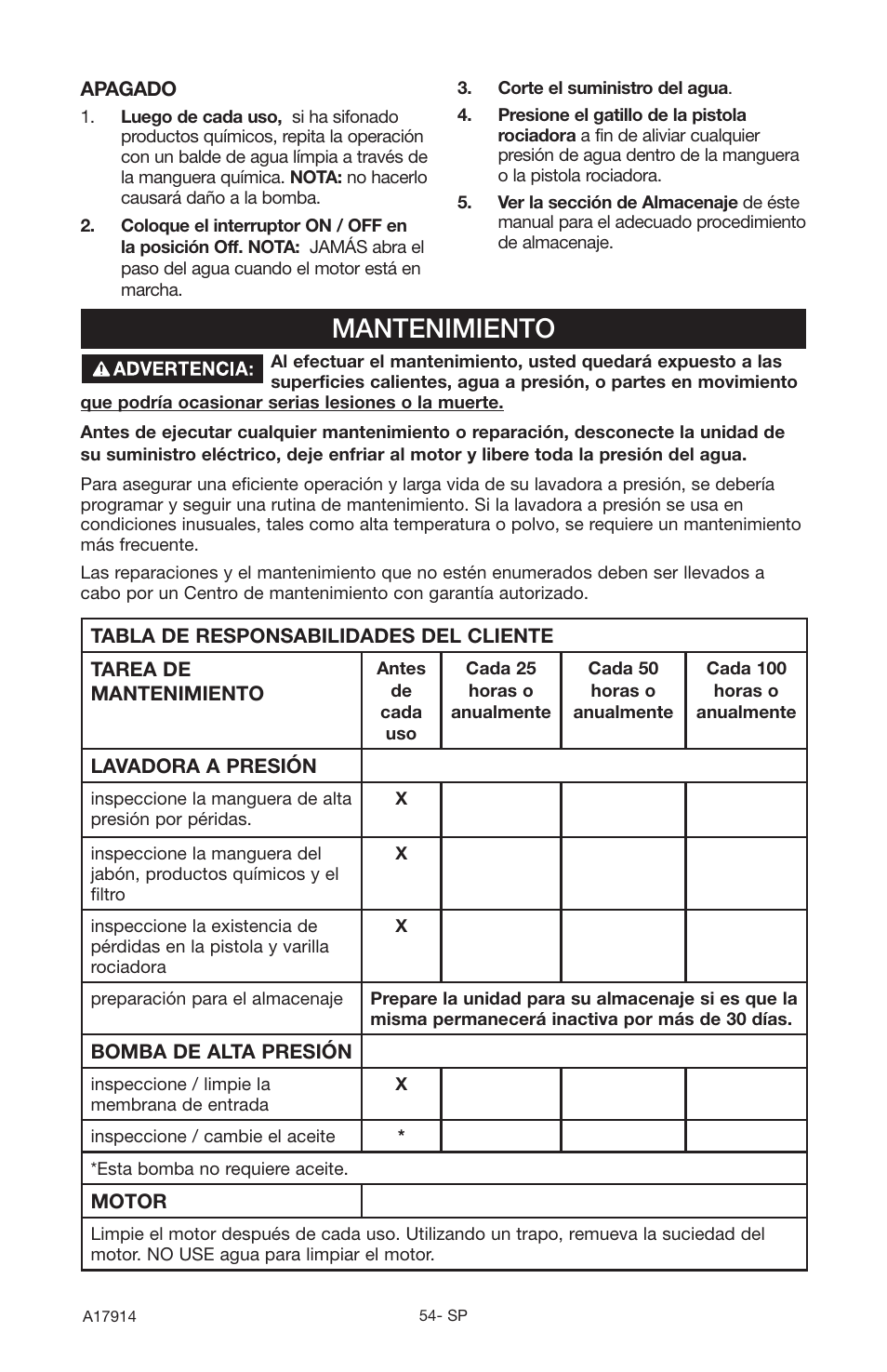 Mantenimiento | Porter-Cable A17914-05-10-06 User Manual | Page 54 / 64