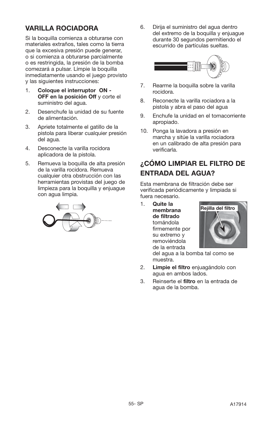 Cómo limpiar el filtro de entrada del agua, Varilla rociadora | Porter-Cable A17914-05-10-06 User Manual | Page 55 / 64