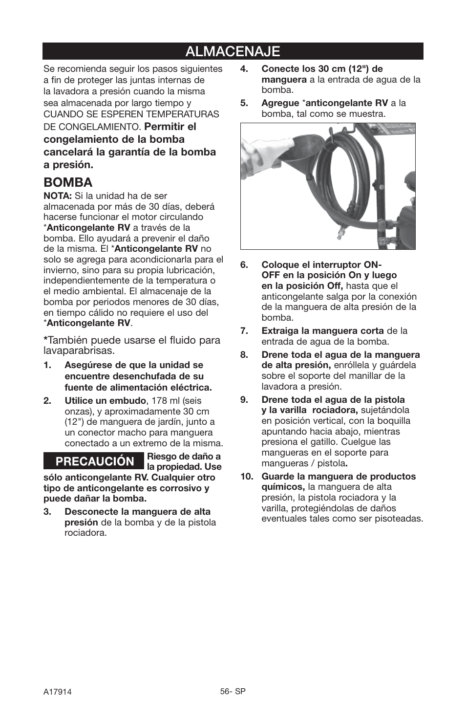 Almacenaje, Bomba | Porter-Cable A17914-05-10-06 User Manual | Page 56 / 64