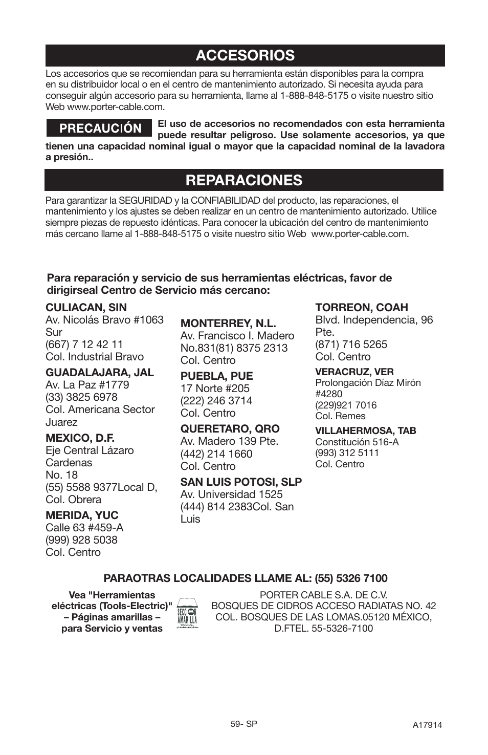 Reparaciones, Accesorios | Porter-Cable A17914-05-10-06 User Manual | Page 59 / 64