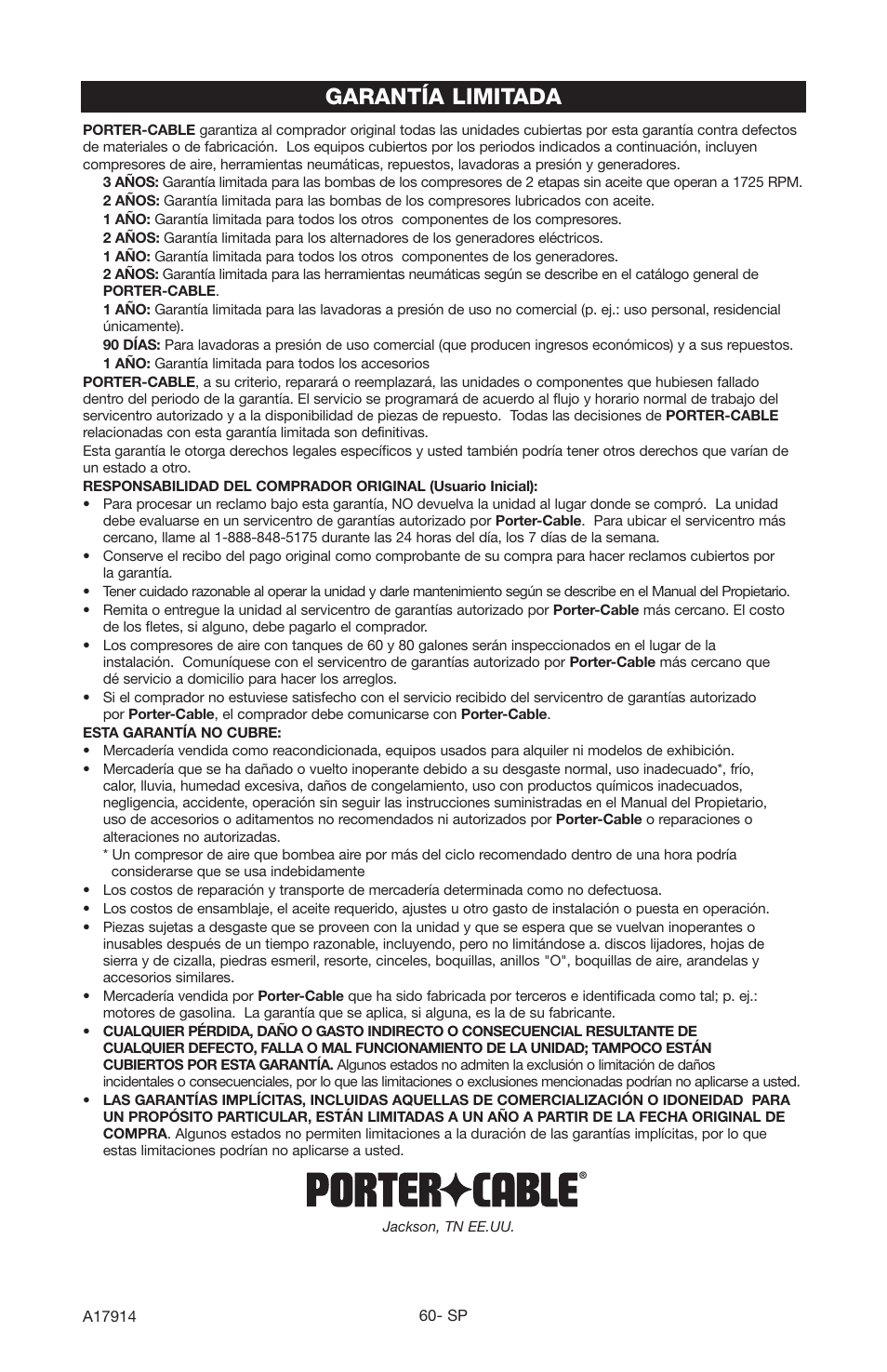 Garantía limitada | Porter-Cable A17914-05-10-06 User Manual | Page 60 / 64